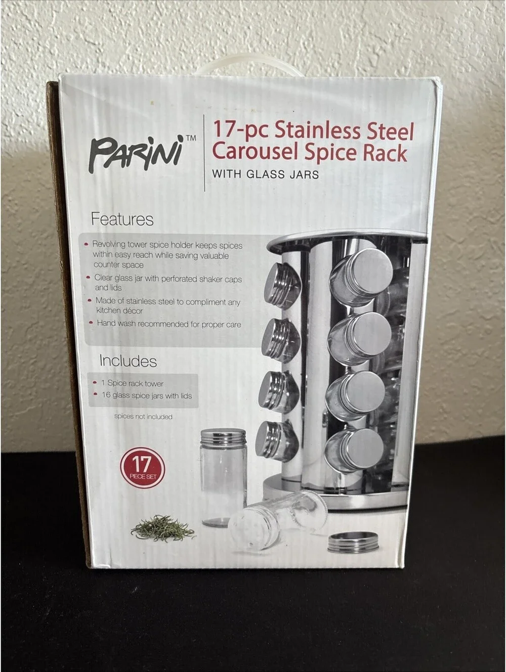 Parini 17-Piece Stainless Steel Carousel Spice Rack with Glass Jars - New